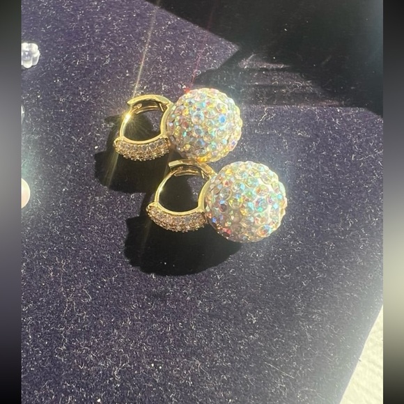 18K Gold Plated Hoop Huggies with AB swarovski  beads - Picture 2 of 10